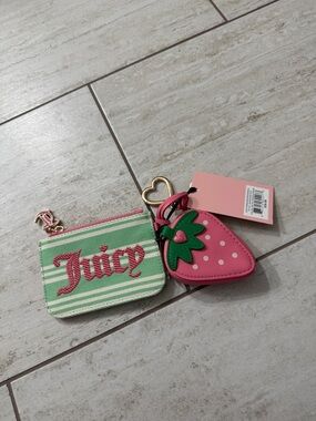 Juicy Couture Pink Strawberry Keychain with Green Stripe Coin Pouch .. NWT
